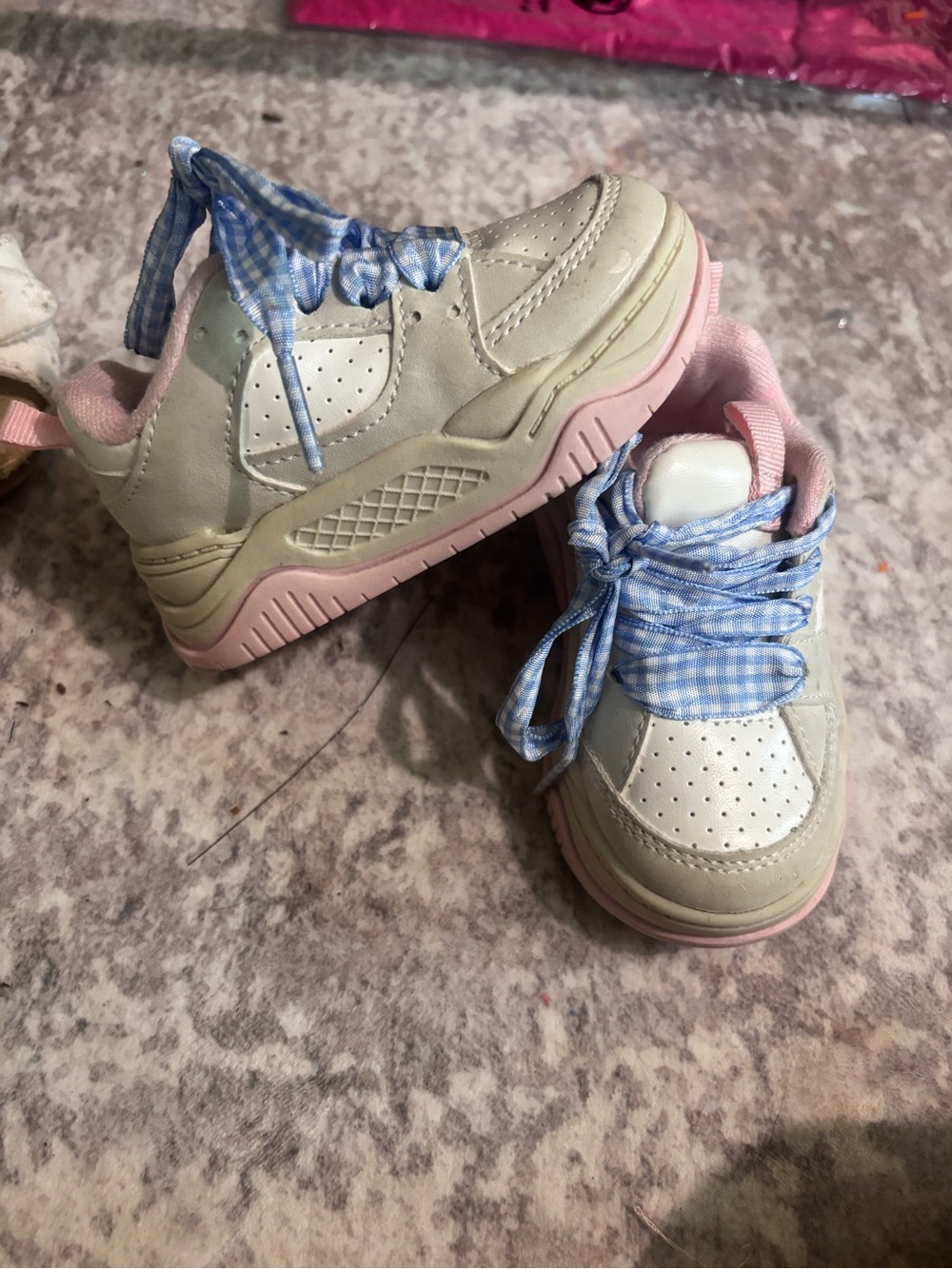 Kids White and Pink Fashion Sneakers with Blue Gingham Laces carters 4C